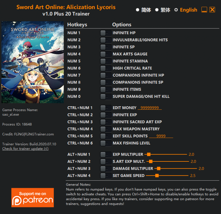 Sword Art Online: Alicization Lycoris Trainer +20