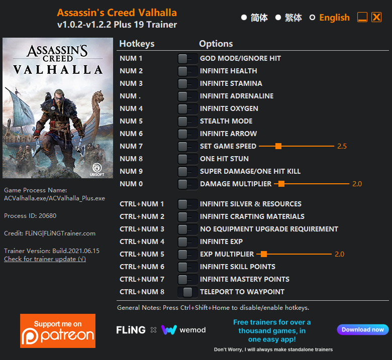Assassin's Creed Valhalla v1.2.2 Trainer +19